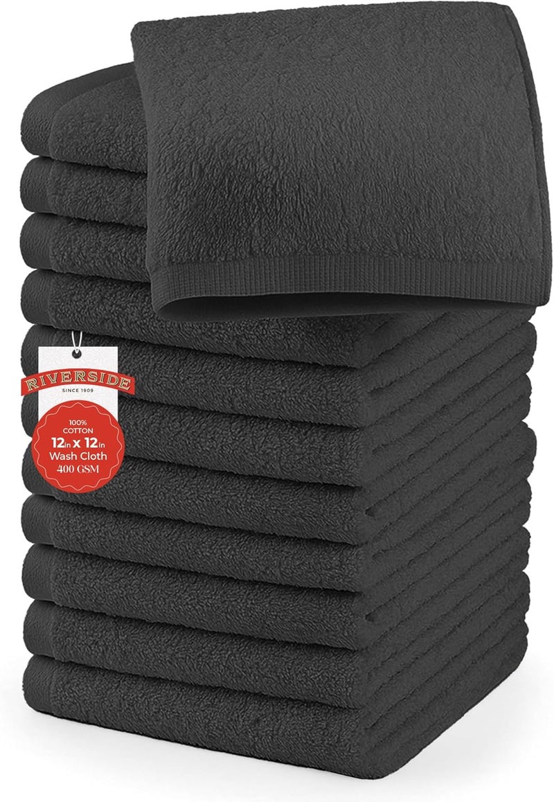 Riverside 12 Pack Washcloths - 12x12 Inches, 500 GSM, 100% Ring-Spun Cotton - Soft, Absorbent & Durable Face and Body Towels - for Bathroom, Spa, Gym, Makeup Removal & Everyday Use - Charcoal - Image 1
